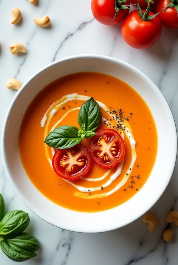 Creamy Cashew & Roasted Tomato Soup served with fresh basil and tomatoes, a healthy and dairy-free delight.