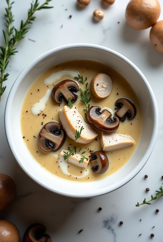 Creamy Chicken & Wild Mushroom Soup featuring rotisserie chicken and a blend of shiitake, oyster, and button mushrooms.