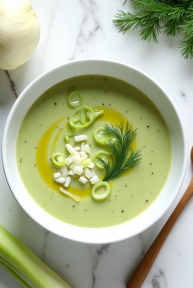 A light Detox Celery & Fennel Soup served in a bowl garnished with fresh dill and chopped vegetables.