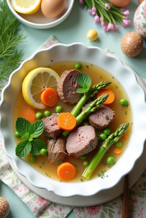 A bowl of Spring Lamb & Herb Soup with vibrant vegetables and fresh herbs for a seasonal dish.
