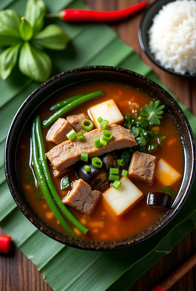 Sinigang Na Baboy, a traditional Filipino sour pork soup with vibrant vegetables like radish and eggplant.
