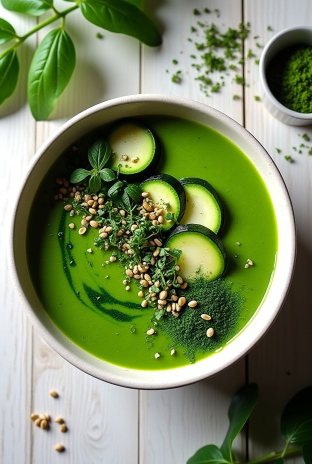 Nutrient-rich green cleanse soup with spirulina, spinach, zucchini, and coconut water garnished with herbs and seeds.