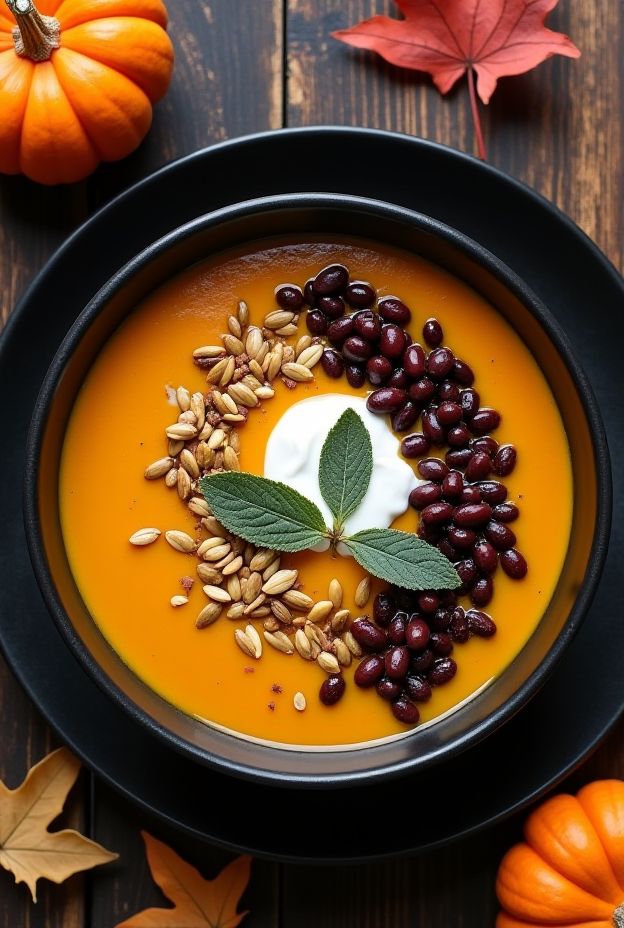 A vibrant bowl of Halloween Pumpkin & Black Bean Soup garnished with black beans, seeds, and herbs.