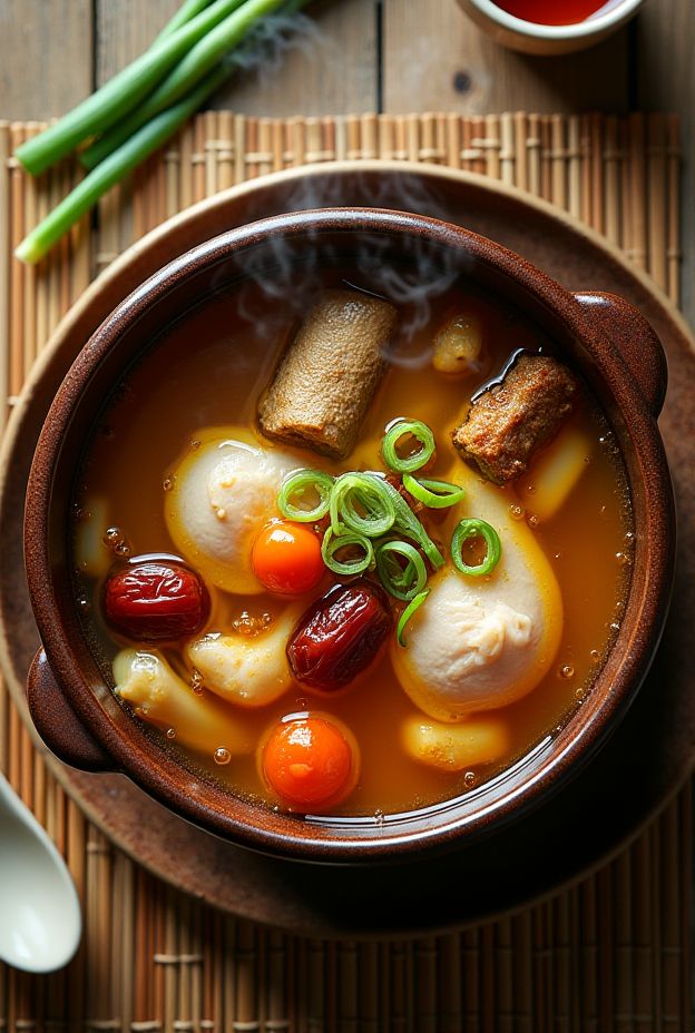 Healing Chicken & Astragalus Soup, enriched with dates, goji berries, and nutritious ingredients for a wholesome meal.