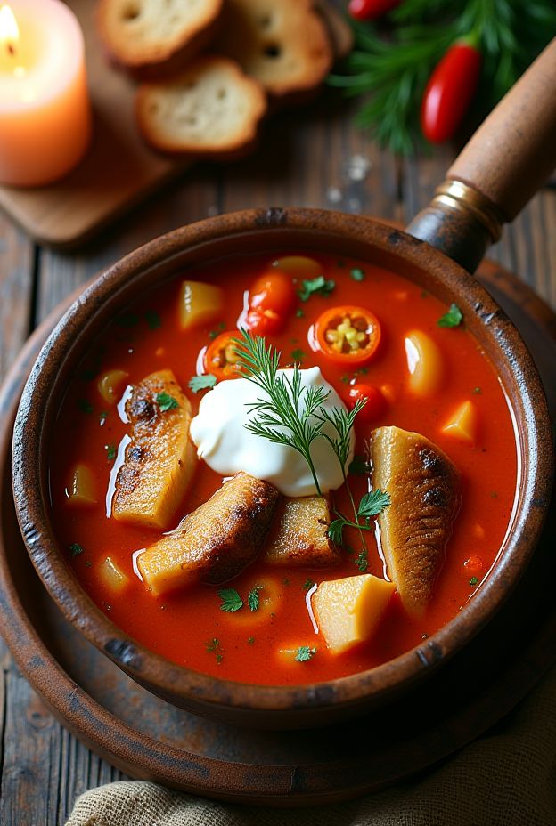 Authentic Hungarian Fisherman's Soup featuring fish, vegetables, and rich paprika broth served in a rustic bowl.