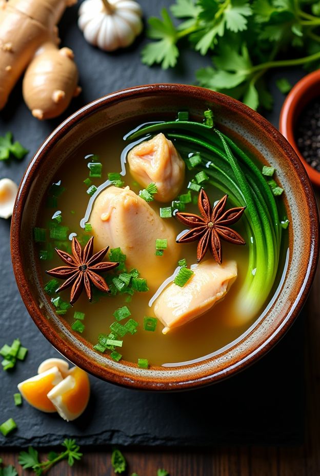 A bowl of Immunity-Boosting Chicken and Star Anise Soup, rich in flavors and packed with nutritious ingredients.