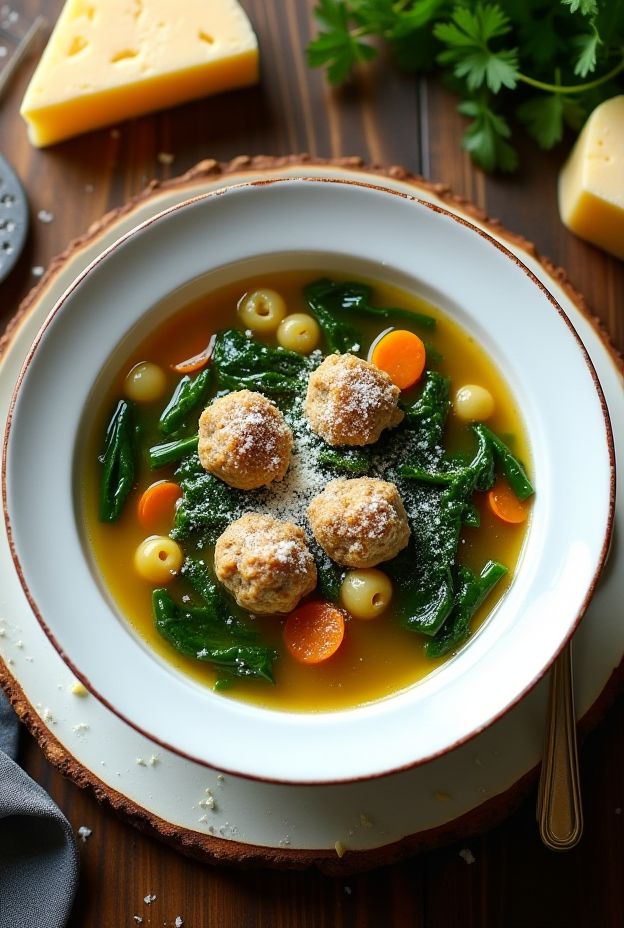 A bowl of Italian Wedding Soup with meatballs, greens, pasta, and Parmesan cheese in rich broth.
