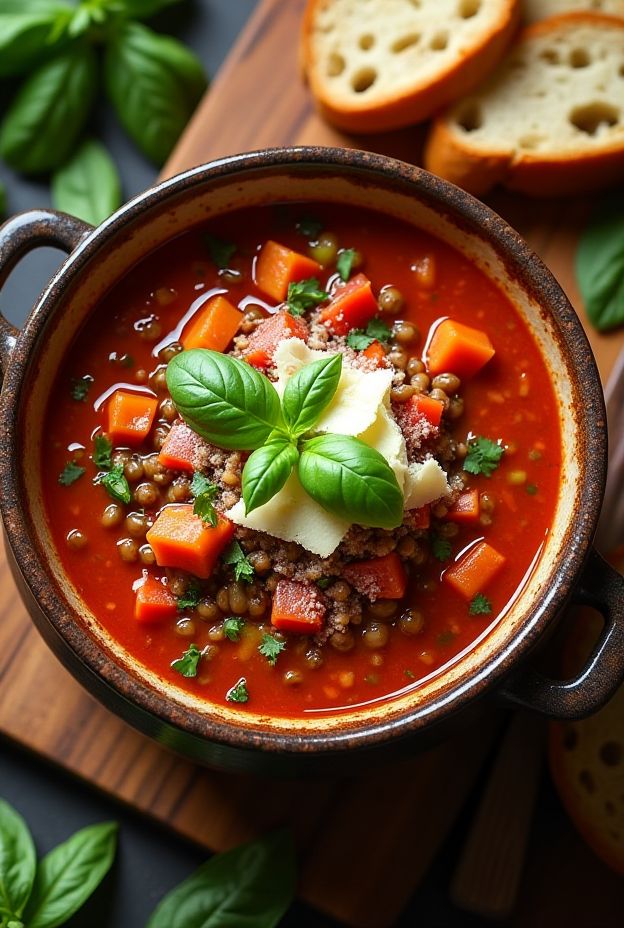 A warm bowl of Hearty Lentil Bolognese Soup with Italian herbs and plant-based parmesan.