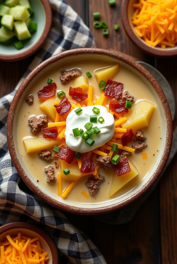 Loaded Baked Potato Beef Soup bursting with flavors, topped with chives, cheddar, bacon, and sour cream.