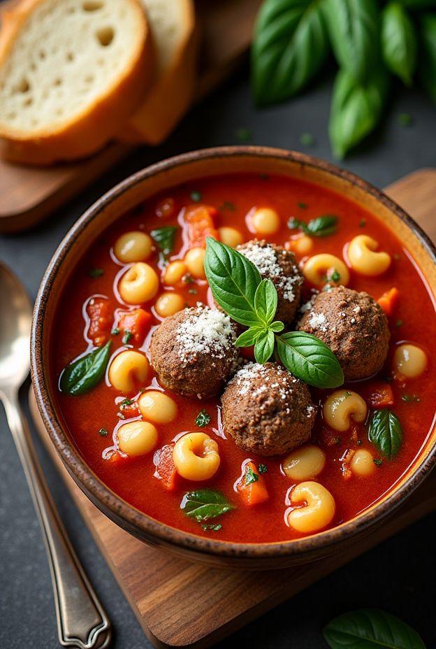 A delicious bowl of Meatball & Pasta Fagioli soup featuring mini meatballs, beans, pasta shells, and vibrant tomato broth, garnished with basil.