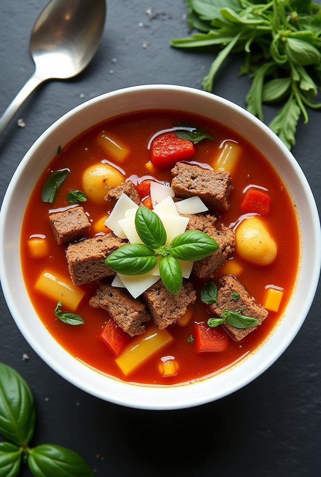 A bowl of hearty deconstructed meatloaf soup with ground beef, tomatoes, bell peppers, and pasta garnished with herbs.