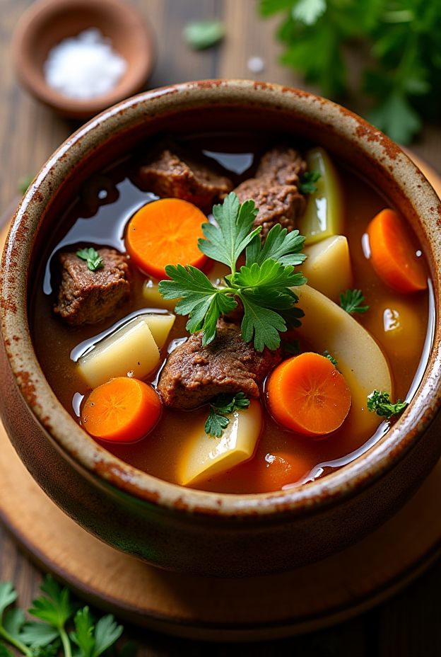 A nourishing bowl of mineral-rich beef bone and vegetable soup filled with root vegetables and fresh herbs.