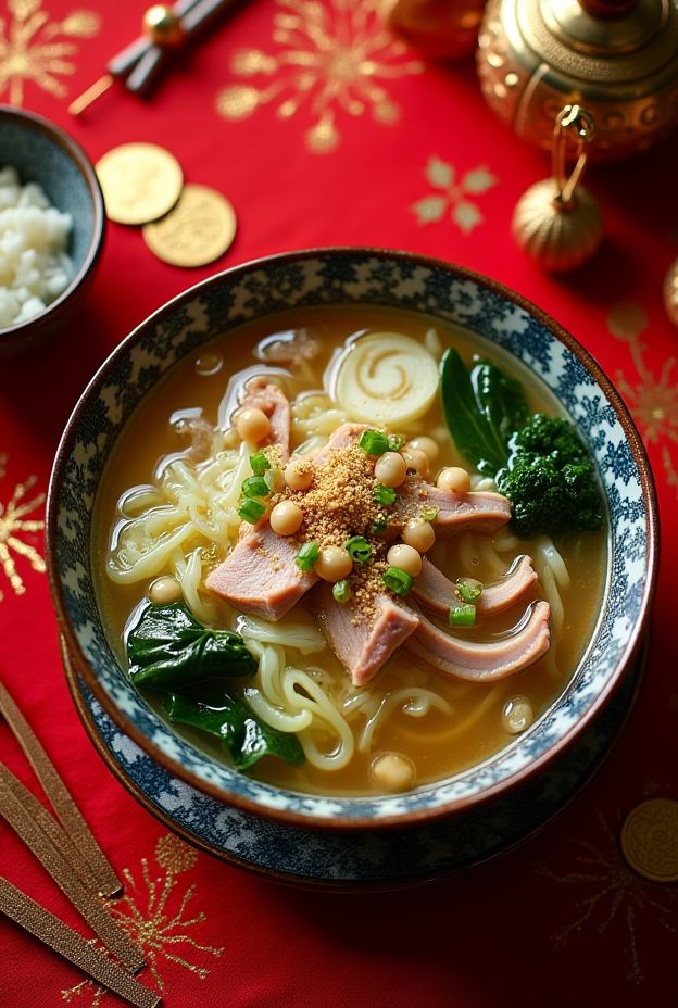 New Year's Prosperity Pork & Cabbage Soup showcasing healthy ingredients for a joyful celebration.