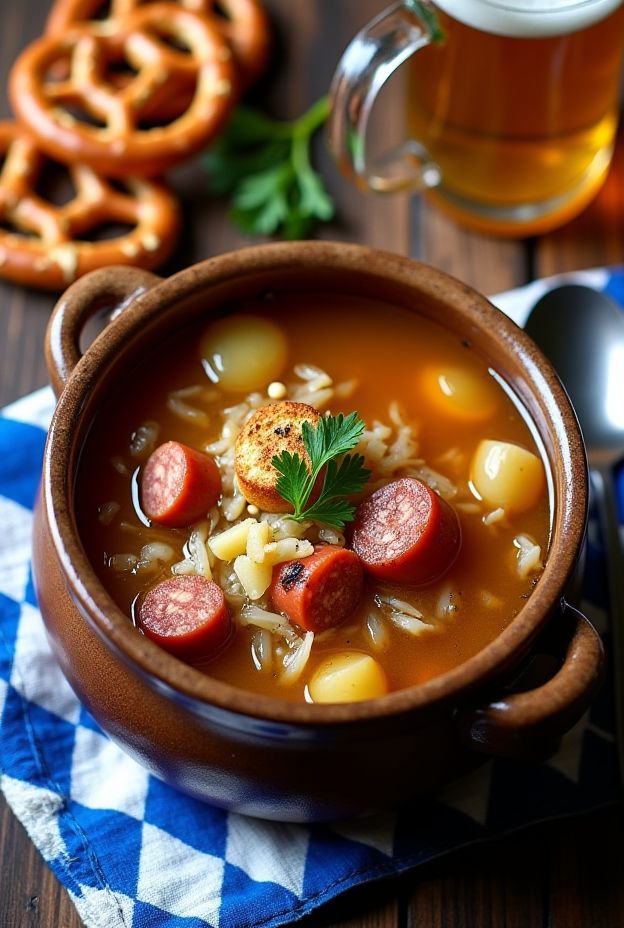 Hearty Oktoberfest Beer & Bratwurst Soup with potatoes and sauerkraut in a rustic bowl.