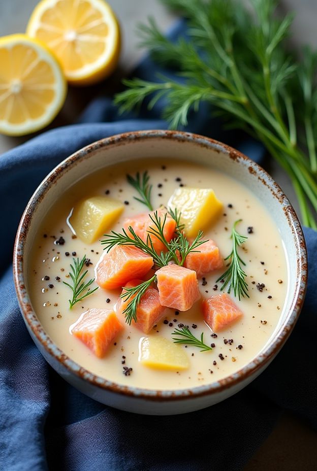 Creamy salmon chowder with dill and potatoes, perfect for a healthy meal.