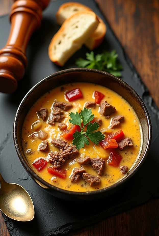 A hearty bowl of creamy Philly cheesesteak soup with steak, peppers, and provolone cheese.