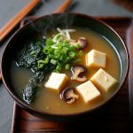 Probiotic Miso & Seaweed Soup with tofu, wakame, green onions, and shiitake mushrooms served in a rustic bowl.