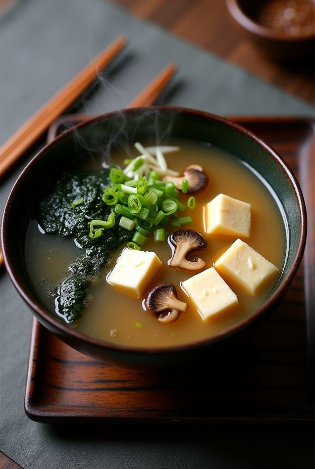 Probiotic Miso & Seaweed Soup with tofu, wakame, green onions, and shiitake mushrooms served in a rustic bowl.