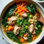 Protein-Packed Turkey & Edamame Soup: A nutritious blend of turkey, edamame, quinoa, spinach, and broth.