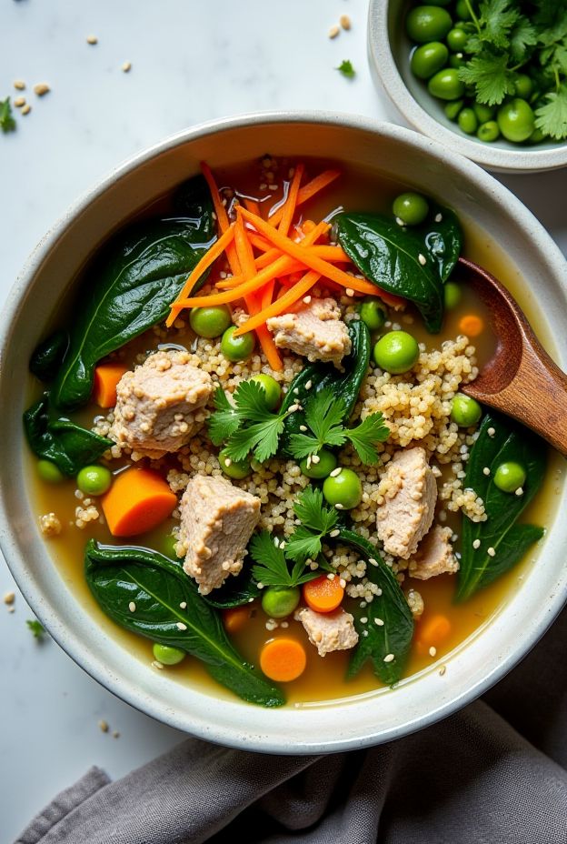 Protein-Packed Turkey & Edamame Soup: A nutritious blend of turkey, edamame, quinoa, spinach, and broth.