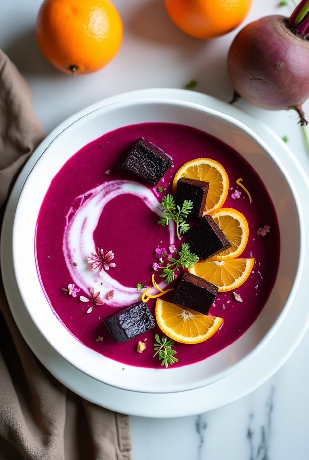 A vibrant bowl of Roasted Beet & Orange Soup garnished with orange slices and herbs.
