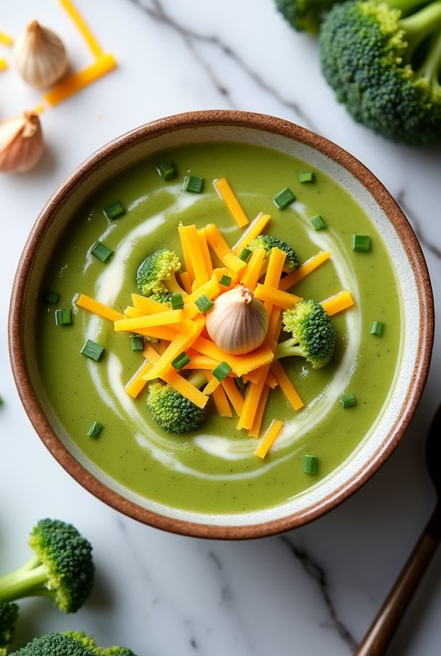 Creamy roasted garlic and cheddar broccoli soup topped with cheddar cheese and garlic cloves, served in a rustic bowl.