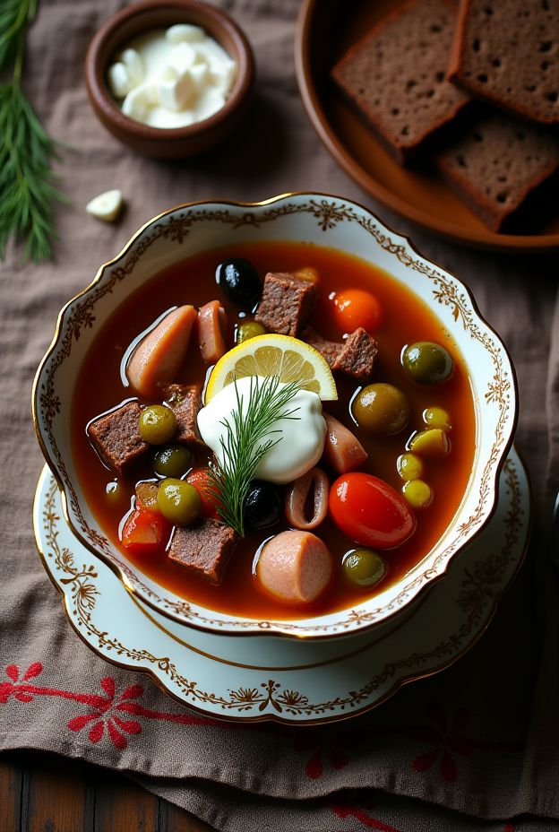 Authentic Russian Solyanka soup with mixed meats, pickles, olives, and lemon for a hearty meal.