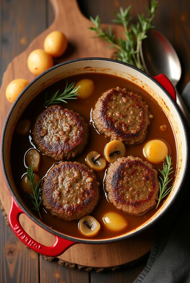 Salisbury steak stew featuring beef patties, mushroom gravy, pearl onions, and baby potatoes in a cozy pot.