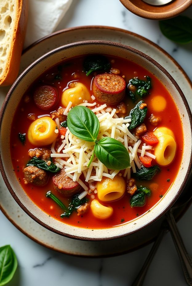 Hearty sausage and three-cheese tortellini soup with spinach in a rich tomato broth garnished with basil and cheese.
