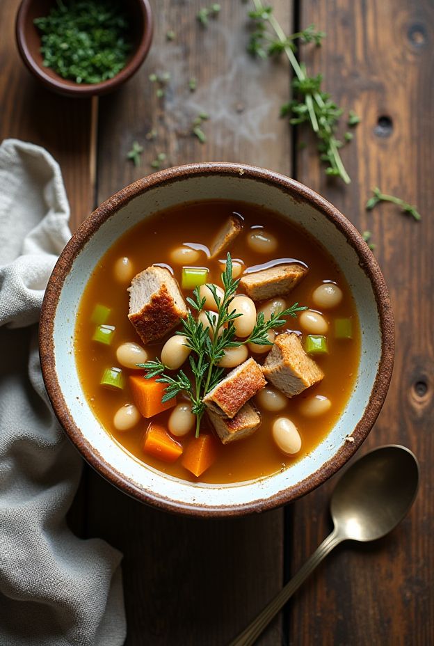 Hearty Smoked Turkey & Navy Bean Soup in a rustic bowl, featuring smoked turkey, navy beans, and fresh herbs.