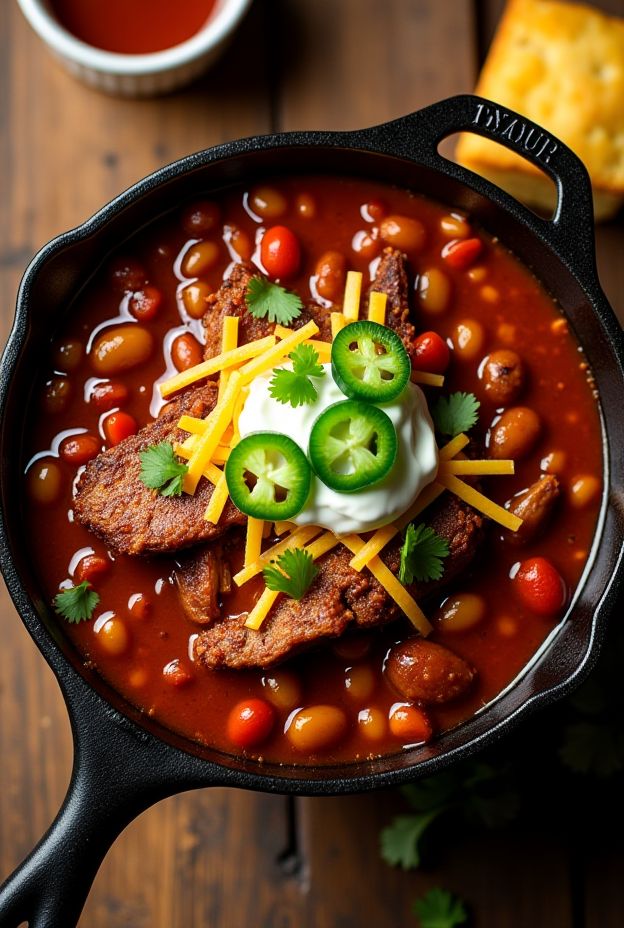 Bowl of Smoky Brisket and Bean Chili topped with cheese, jalapeños, and cilantro.