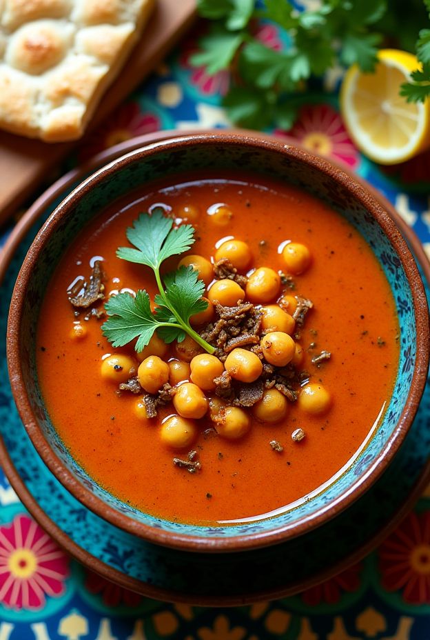 Spicy Harissa Chickpea Soup with vibrant colors and flavorful ingredients for a nourishing meal.