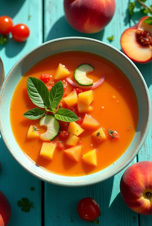 Chilled Summer Peach and Tomato Gazpacho served with fresh basil and diced peaches in a bowl.