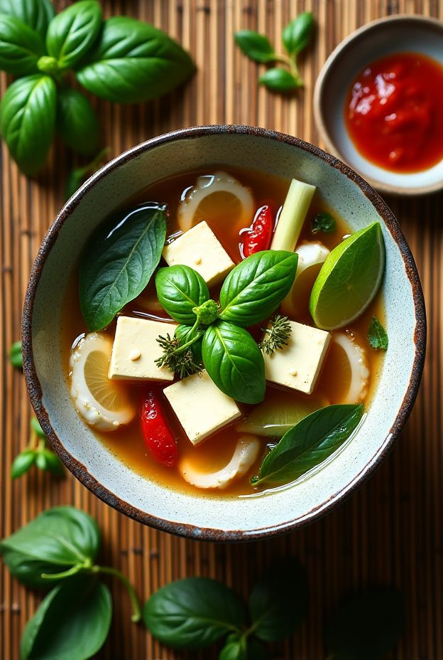 A fragrant tofu soup featuring Thai basil, lemongrass, galangal, and coconut milk served in a bowl.