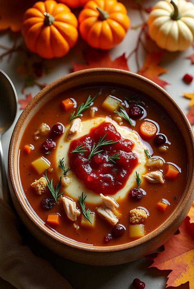 Thanksgiving Turkey & Cranberry Soup with turkey leftovers, cranberries, stuffing, and colorful vegetables in a wooden bowl.