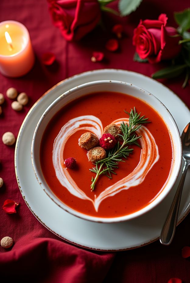 Romantic Valentine's Day Roasted Red Pepper Bisque garnished with heart-shaped croutons and rosemary.