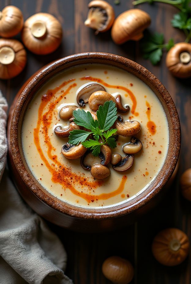 Creamy Vegan Mushroom Stroganoff Soup with sautéed mushrooms and cashew cream topped with herbs.