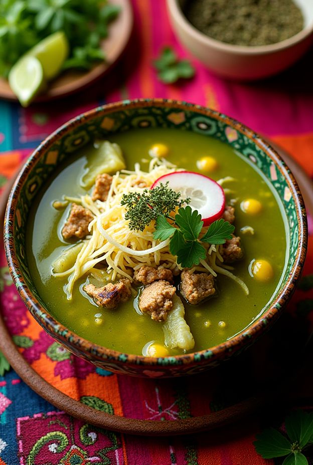 Delicious Vegan Pozole Verde with hominy, tomatillos, poblanos, and jackfruit garnished with fresh herbs and lime.