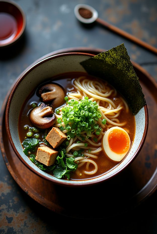 Vegan Ramen with Miso and Shiitake in a bowl, topped with greens and tofu.