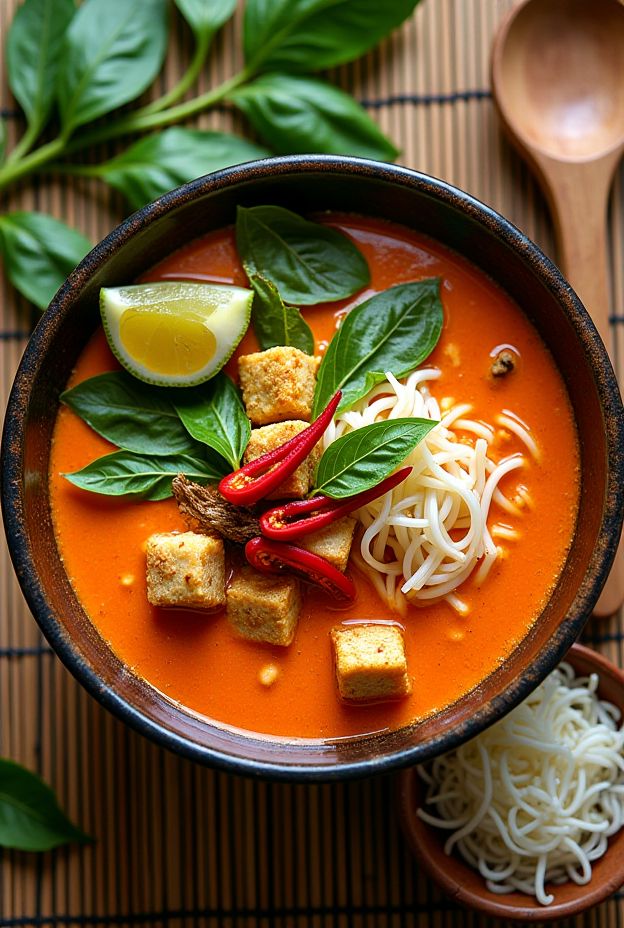 Vegan Red Curry Noodle Soup with rice noodles, tofu, bamboo shoots, and fresh basil in a bowl.
