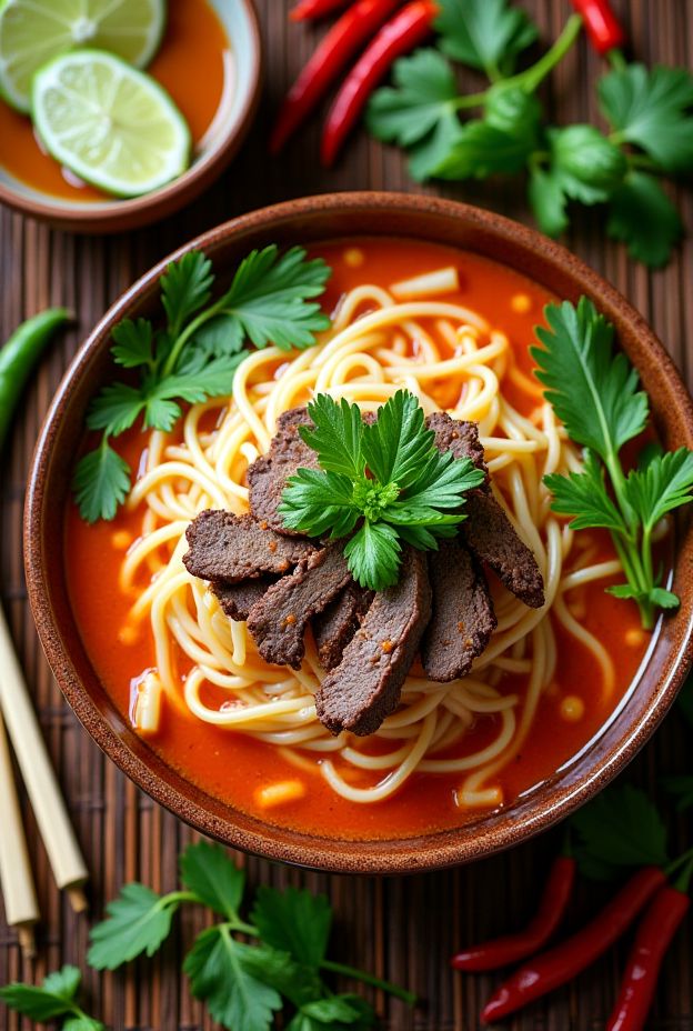 Vietnamese Bún Bò Huế in a bowl, a spicy beef noodle soup with rice noodles and vibrant herbs.