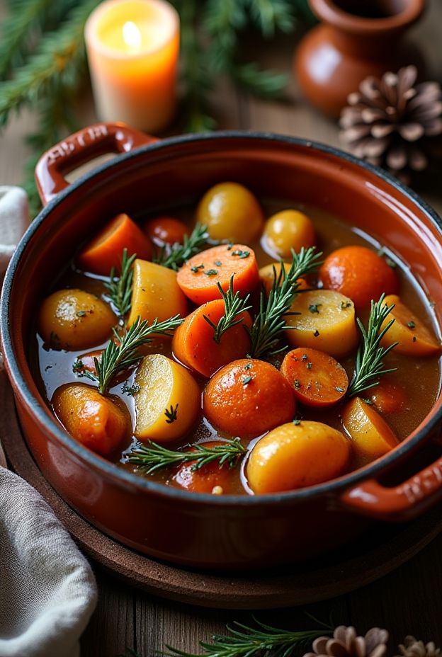 Delicious Winter Solstice Roasted Root Vegetable Stew featuring parsnips, turnips, carrots and aromatic thyme.