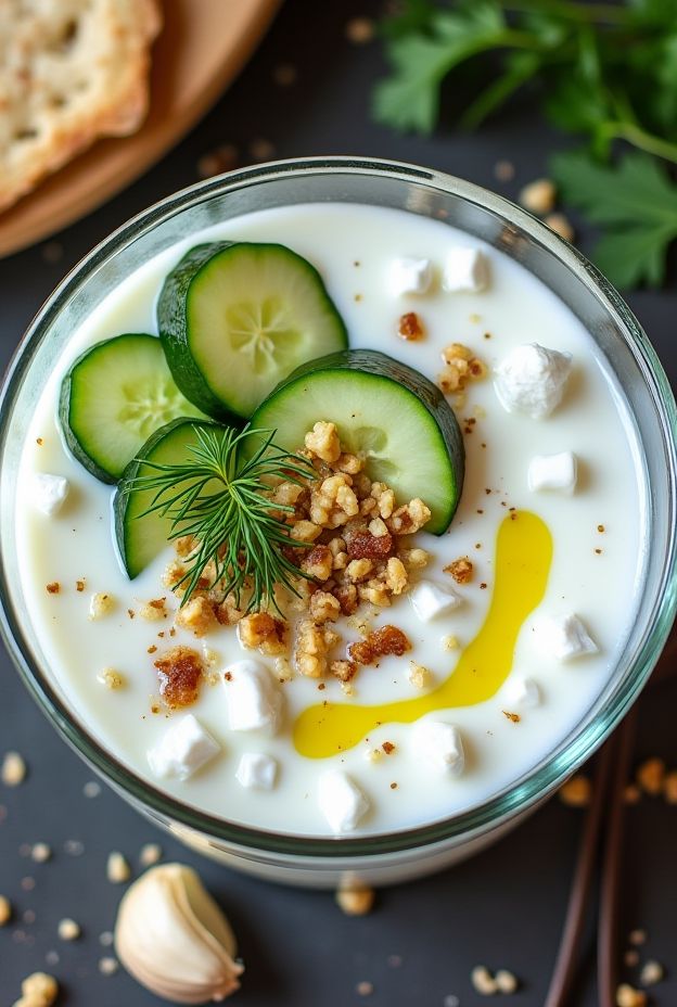 Refreshing Albanian Tarator soup made with yogurt, fresh cucumbers, walnuts, and herbs.