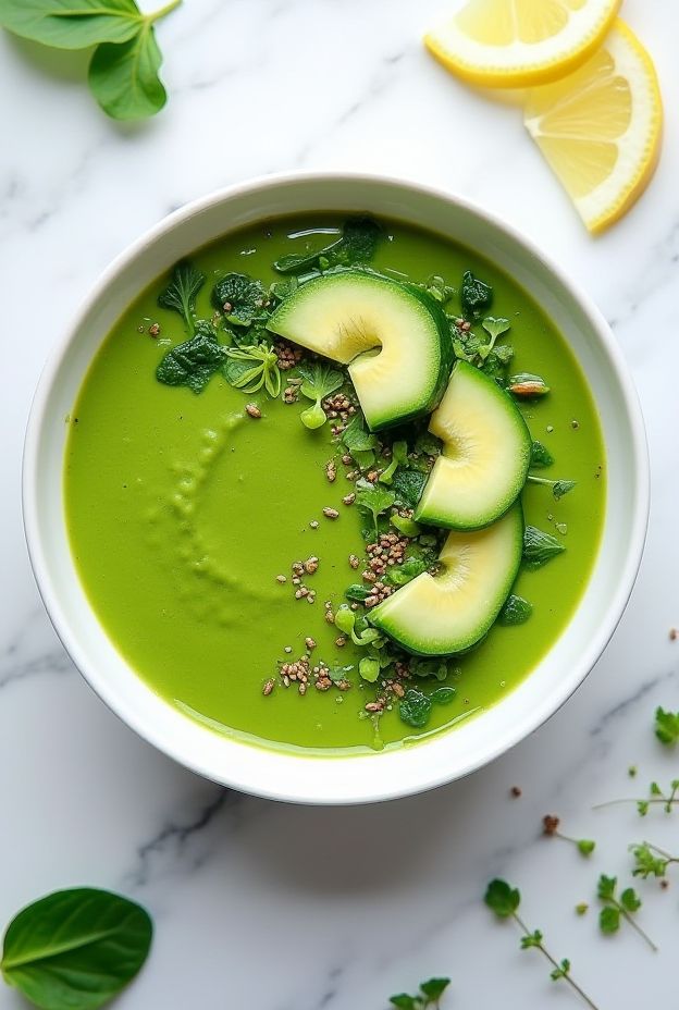 Alkaline green soup made with cucumber, celery, spinach, and avocado in a light broth, served in a bowl.