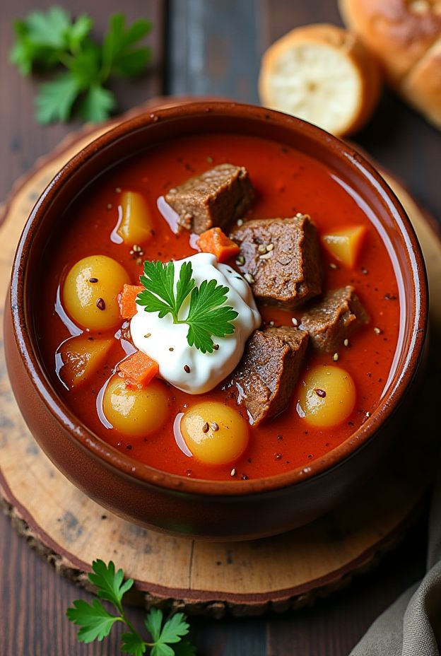Austrian Beef Goulash Soup with tender beef, potatoes, and spices served in a rustic bowl.