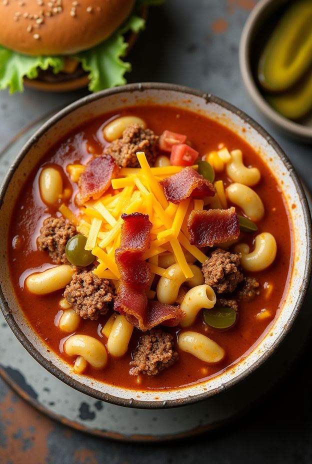 Delicious Bacon Cheeseburger Macaroni Soup featuring bacon, ground beef, cheese, and elbow macaroni.