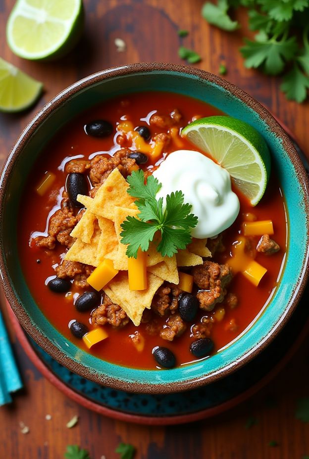 Savor this Beef & Cheese Enchilada Stew, layered with flavors and topped with crispy tortilla strips, perfect for gatherings.