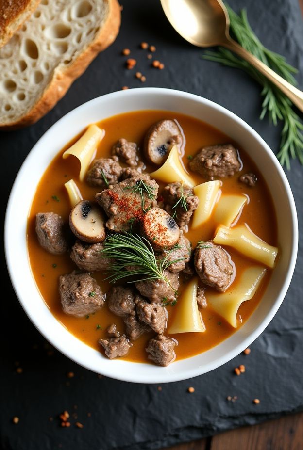 Creamy Beef Stroganoff Soup featuring tender beef, mushrooms, and egg noodles in a rich broth.