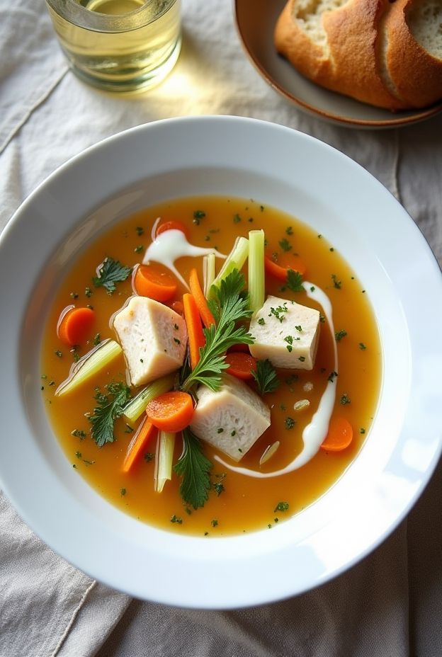 Belgian Waterzooi soup featuring creamy broth with fish, vegetables, and herbs served in a bowl.