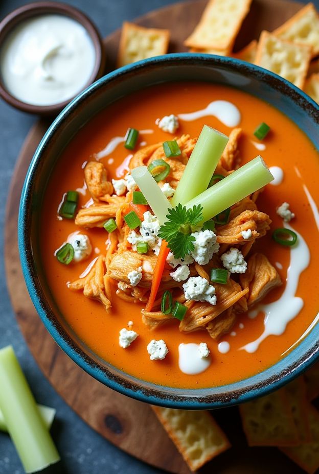 Warm and creamy Buffalo Chicken Soup topped with blue cheese, celery, and green onions, perfect for game day or cozy nights.